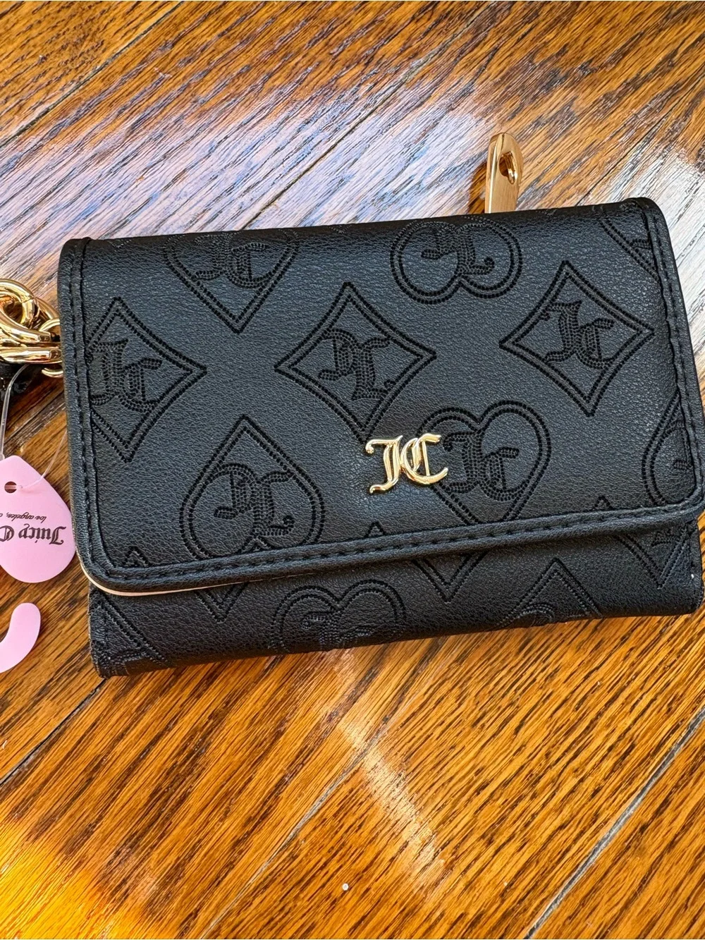 Juicy Couture Black Embossed Logo Compact Wallet with Gold CC Accent